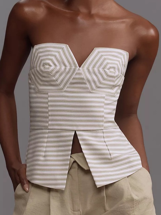 English Factory Tops - English Factory Cream & Light Olive Striped Strapless Top